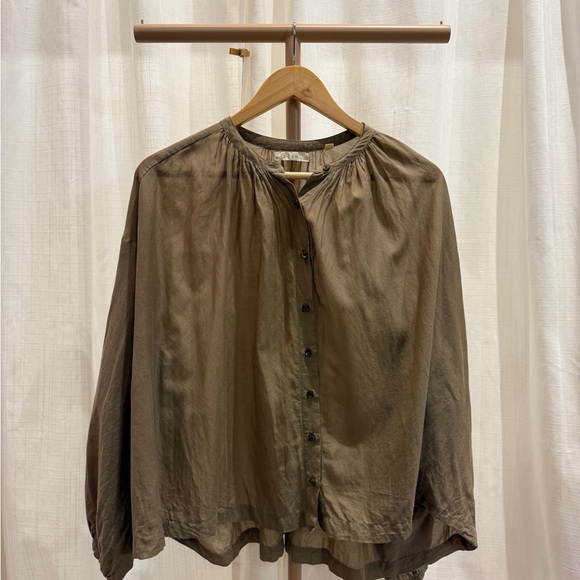 Doen Tops - Like New Doen Jane Olive Green Silk Gathered Button-Front Blouse